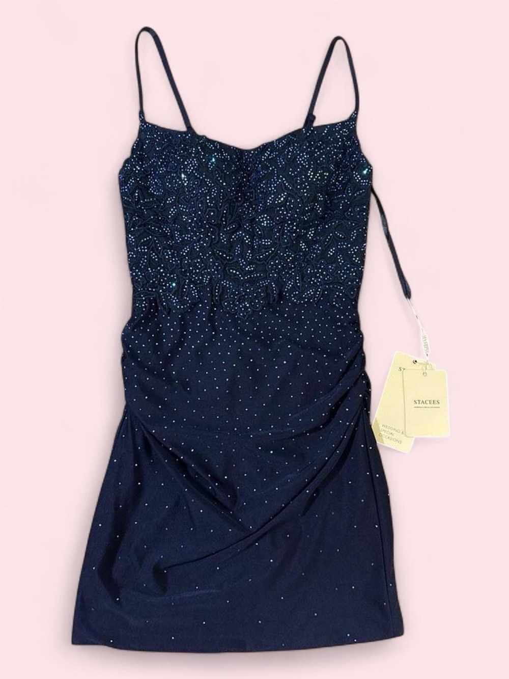 Stacees Navy Sequin Spaghetti Strap Mini Dress